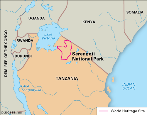 Detailed Serengeti National Park map showing the location of the Serengeti plain on a map of Africa, including Northern, Central, Western, and Southern regions